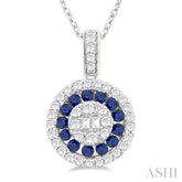 1.35 MM Round Shape Sapphire and 1/4 ctw Baguette and Round Cut Diamond Precious Pendant With Chain in 14K White Gold
